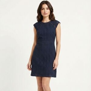 Banana Republic Navy Blue Eyelet Cutout Cap Sleeve Dress 0P Coquette Romantic